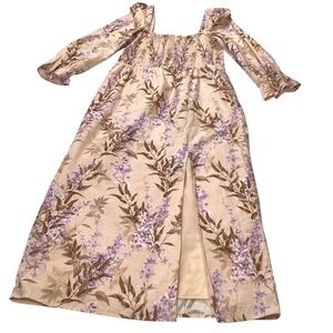 House‎ of Harlow 1960 Peach Lavender Floral Smocked Linen Blend Midi Dress M